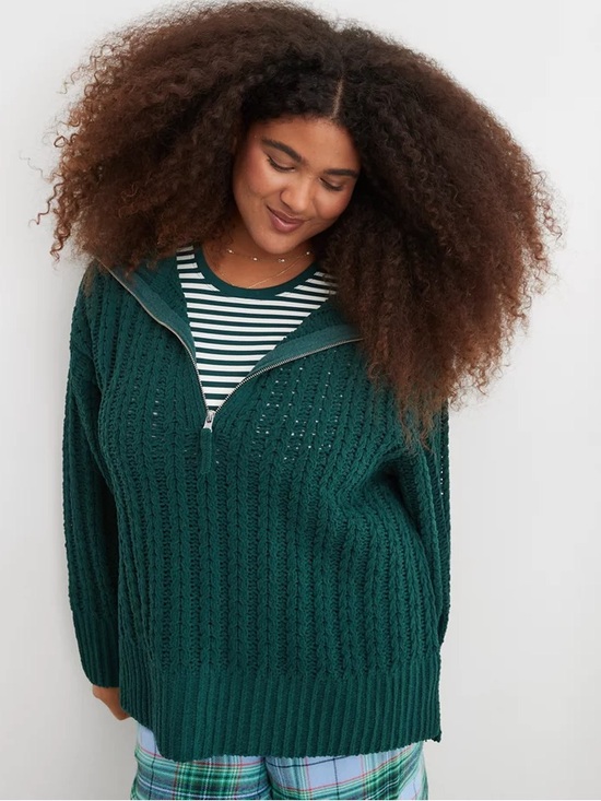aerie Sweaters - Aerie Cable Car Knit Quarter Zip Deep Forest Green Chenille Sweater L